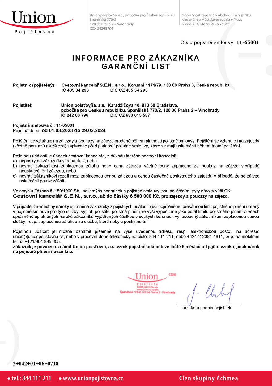 Pojištění CK - Certifikát 2023