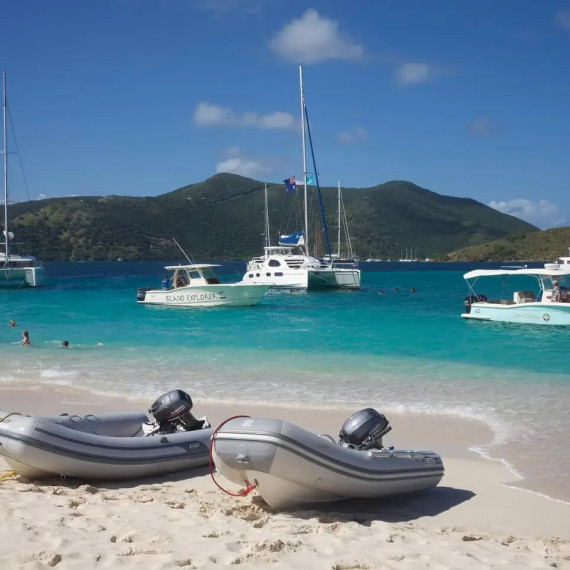 Pláž na ostrově Jost Van Dyke s lidmi v moři a jachtami kotvícími v tyrkysové zátoce.