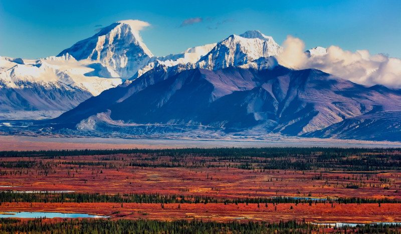 Národní park Denali na Aljašce s výhledem na stejnojmennou nejvyšší horu Severní Ameriky. 