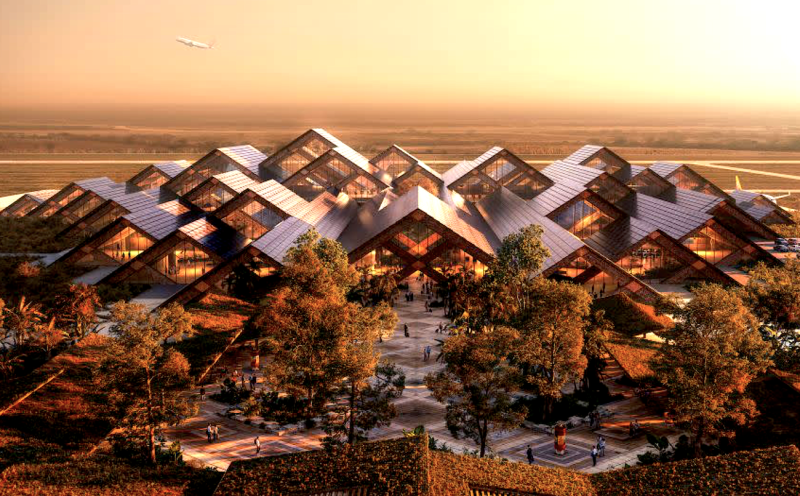 Architektonický návrh nového letiště Gelephu International Airport v Bhútánu.