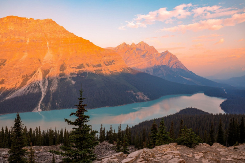 Jezero Peyto při východu slunce.