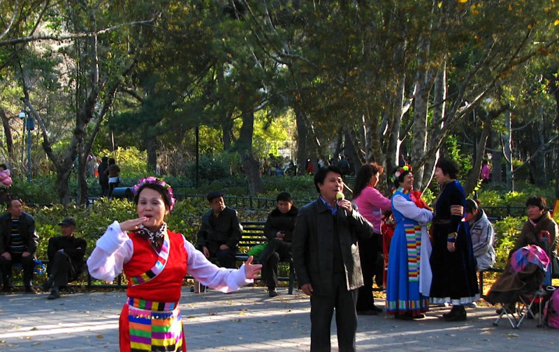 Tančící žena v barevném kostýmu a muž zpívající karaoke v parku.