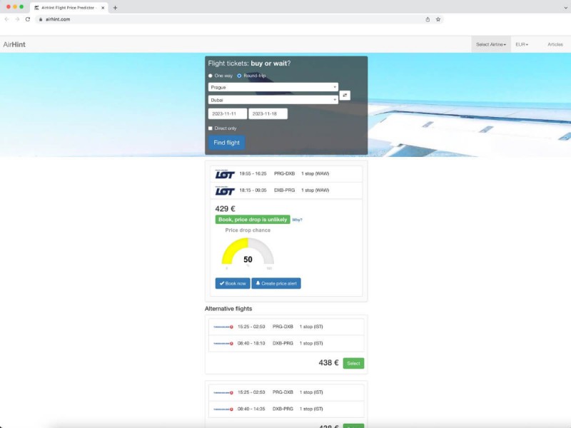 Cenová predikce letenky z Prahy do Dubaje přes stránku Airhint.