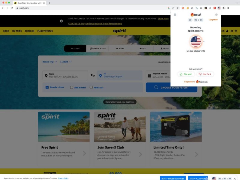 Vyhledávání letenek na americké stránce Spirit pomocí americké VPN.
