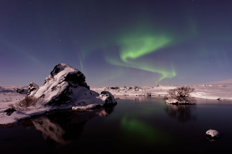 Polární záře v Mývatn, Island.