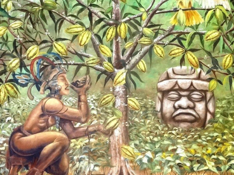 Obraz zobrazující kakaovník a Olméka pijícího čokoládu.