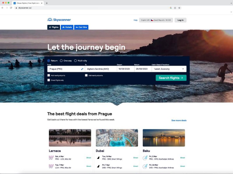 Vyhledávání letenek pomocí vyhledávače Skyscanner.
