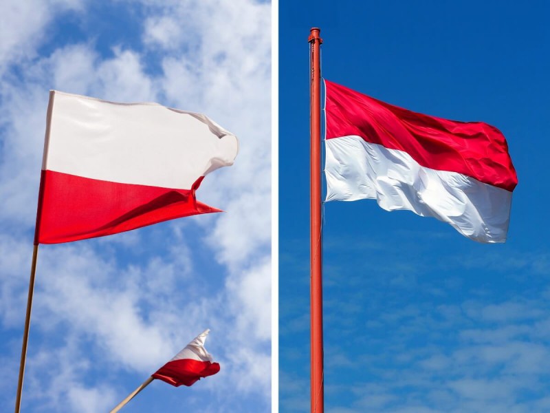 Vlajka Polska a Indonésie.