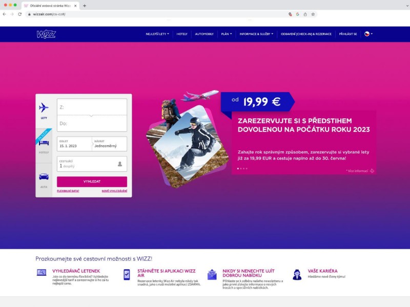 Vyhledávání letenek na webu nízkonákladové aerolinie Wizzair.