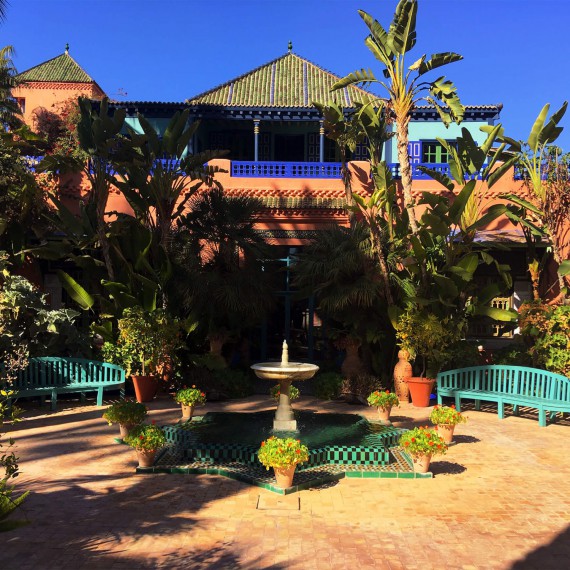 Zahrada Majorelle je dokonalá kompozice fontán, nadrozměrných kaktusů a fíkusů, přes které se převalují růžové květy bugenvily.