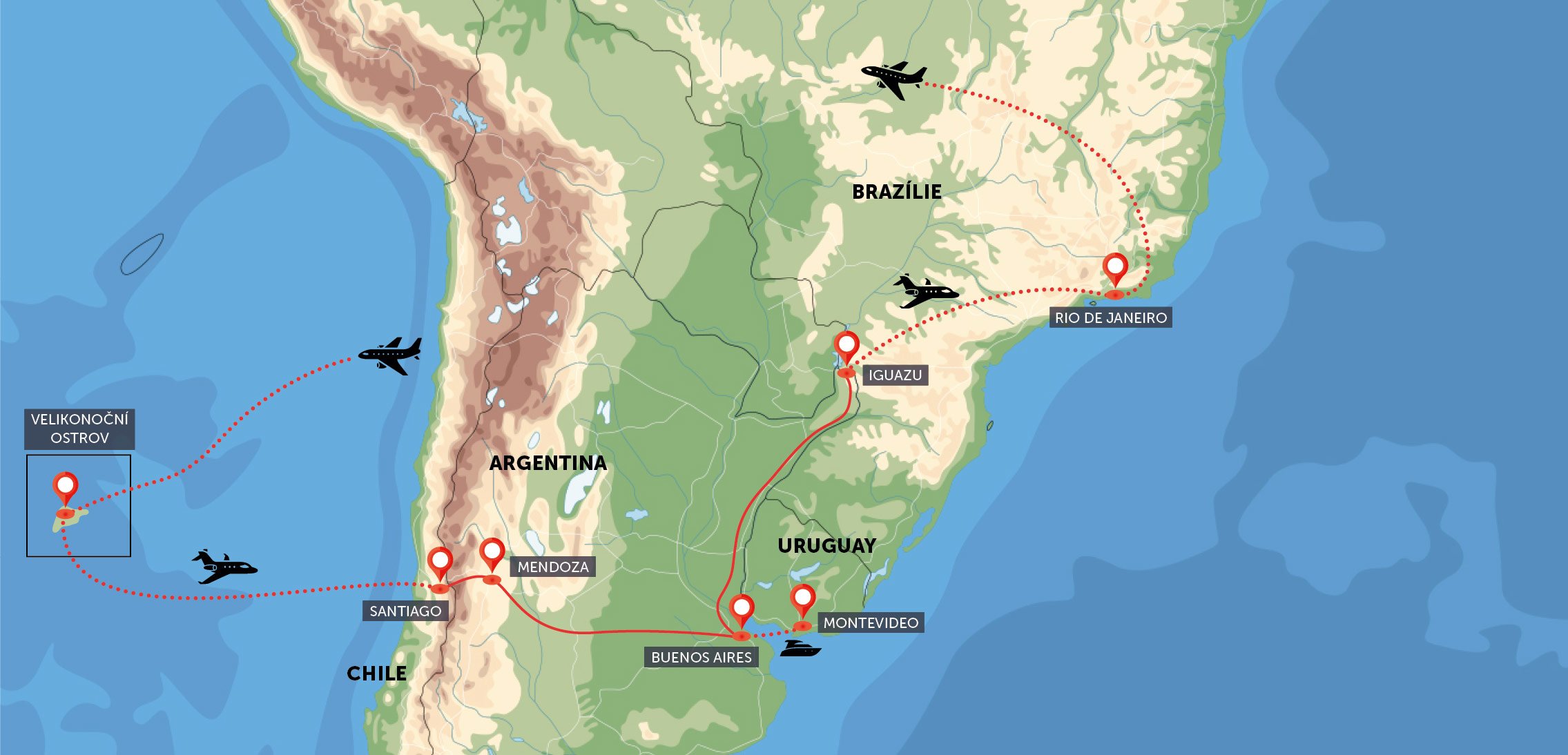 Velikonoční ostrov, Chile, Argentina, Brazílie, Uruguay