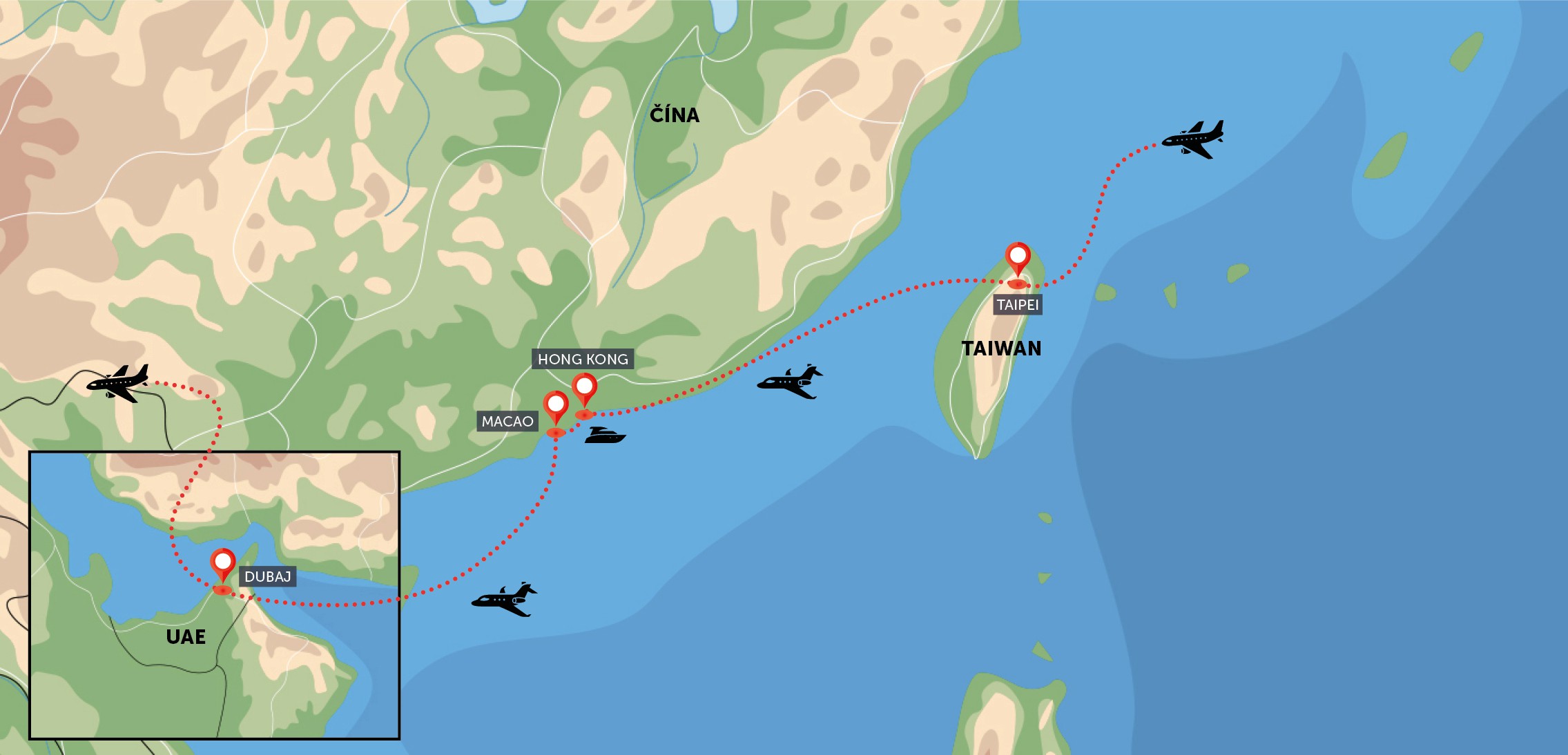 Taiwan, Hongkong, Macao, Dubaj