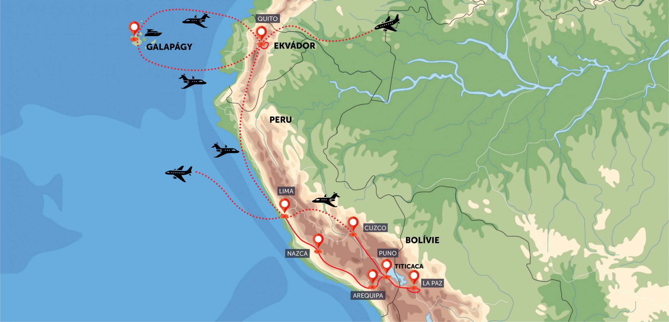 Ekvádor, Galapágy, Peru, Bolívie