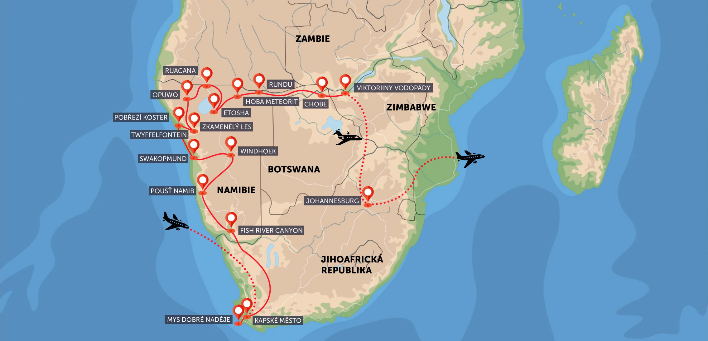 JAR, Namibie, Botswana, Zimbabwe, Zambie