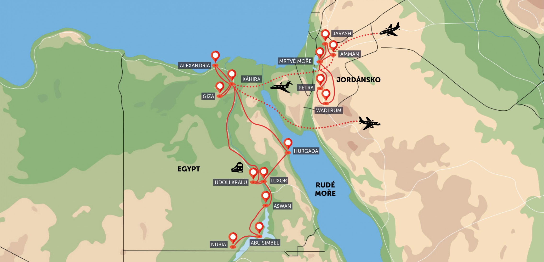 Egypt maximální poznání a Jordánsko