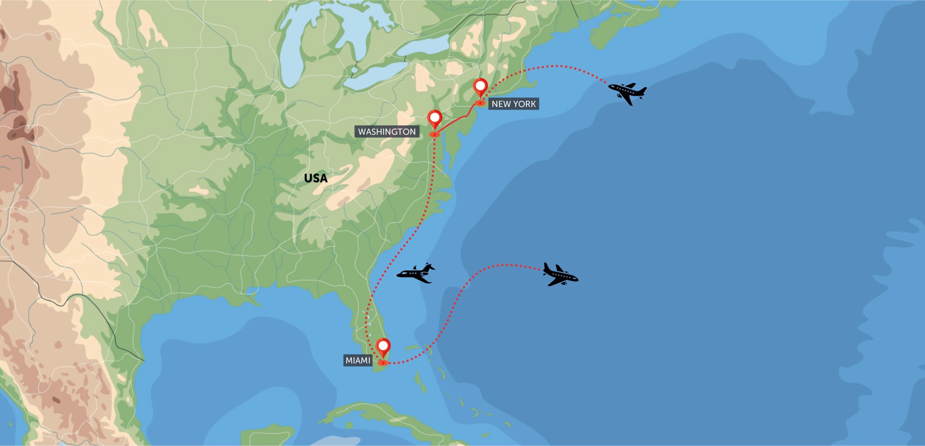 New York, Washington D.C. a Miami