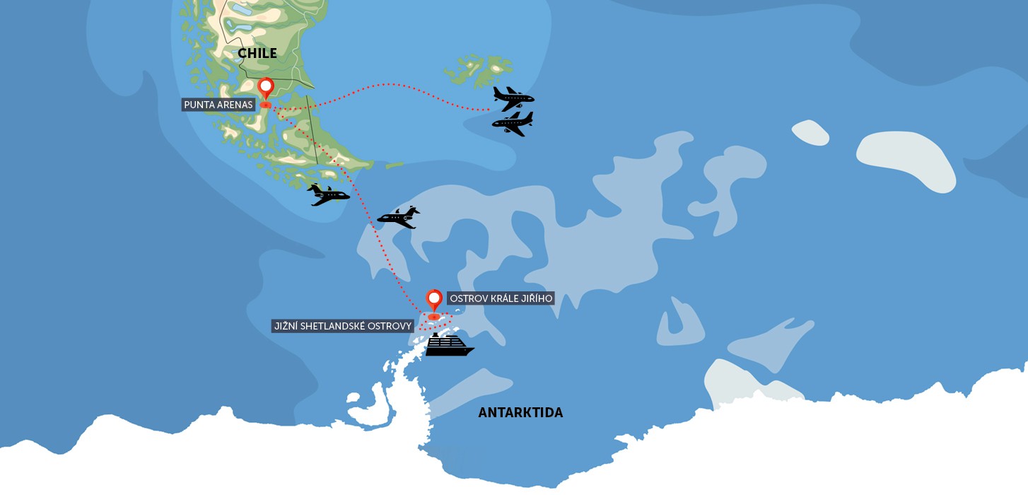Antarktida lodí - plavba a přelet přes Drakeův průliv