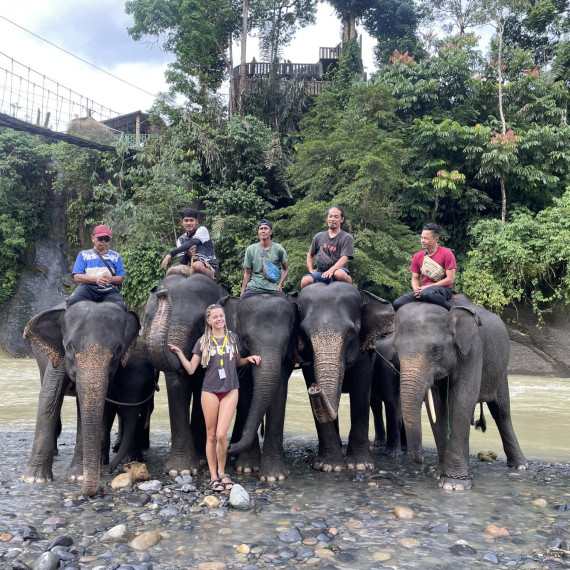 Fotografie se slony a s místními na ostrově Sumatra v Indonésii.